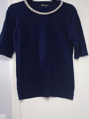 Cable And Gauge Navy Short-Sleeve Jewel Neck Sweater Top Size S/M